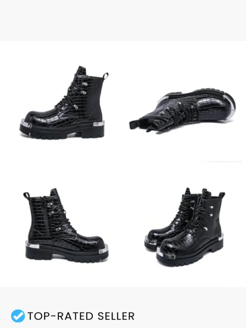 Stone Texture Patent Leather Lace Up Platform Ankle Combat Boots with Metal